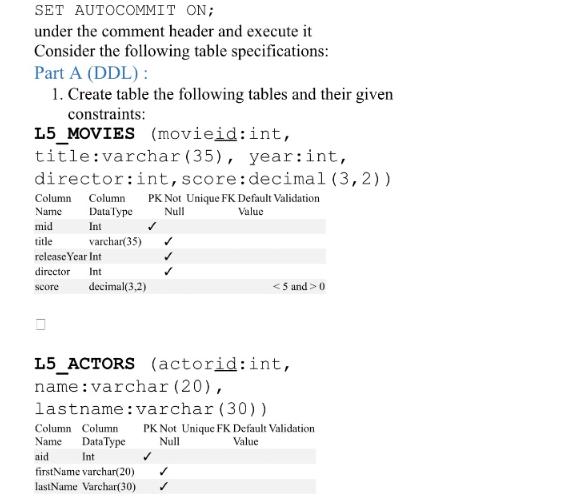 SET AUTOCOMMIT ON; under the comment header and execute it Consider the following table specifications: Part