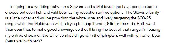 I'm going to a wedding between a Slovene and a Moldovan and have been asked to choose between fish and wild