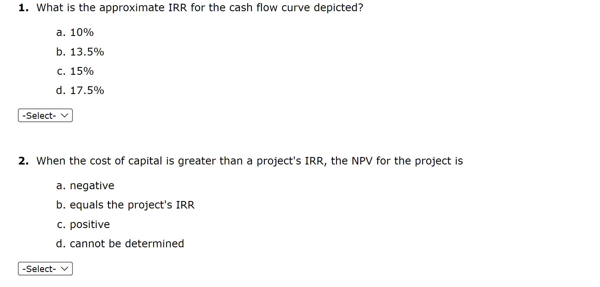 1. What is the approximate IRR for the cash flow curve depicted? a. 10% b. 13.5% C. 15% d. 17.5% -Select-  2.