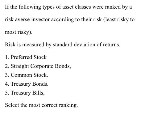 If the following types of asset classes were ranked by a risk averse investor according to their risk (least