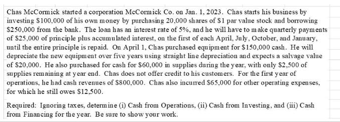 Chas McCormick started a corporation McCormick Co. on Jan. 1, 2023. Chas starts his business by investing