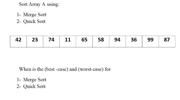 Sort Array A using: 1- Merge Sort 2- Quick Sort 42 23 74 11 65 58 94 When is the (best -case) and
