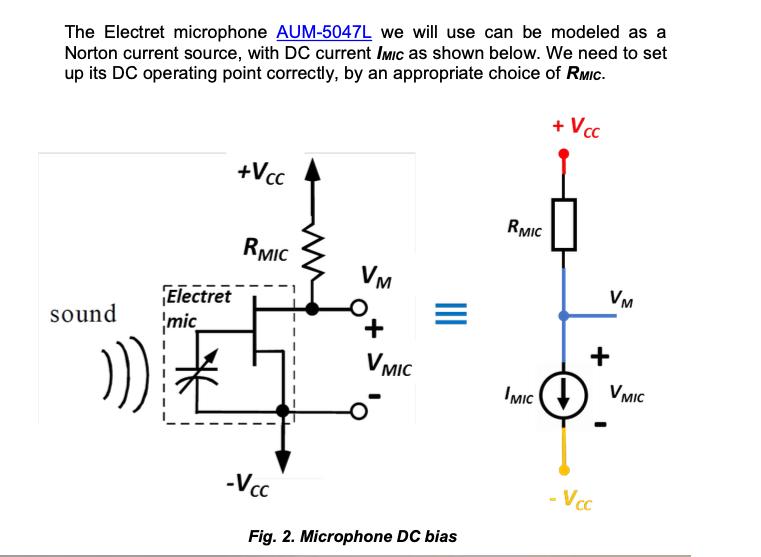 The Electret microphone AUM-5047L we will use can be modeled as a Norton current source, with DC current IMIC