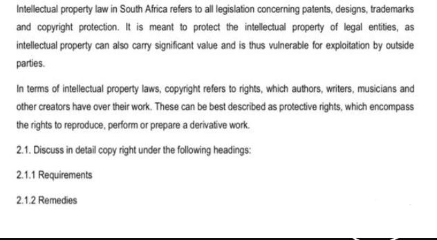 Intellectual property law in South Africa refers to all legislation concerning patents, designs, trademarks