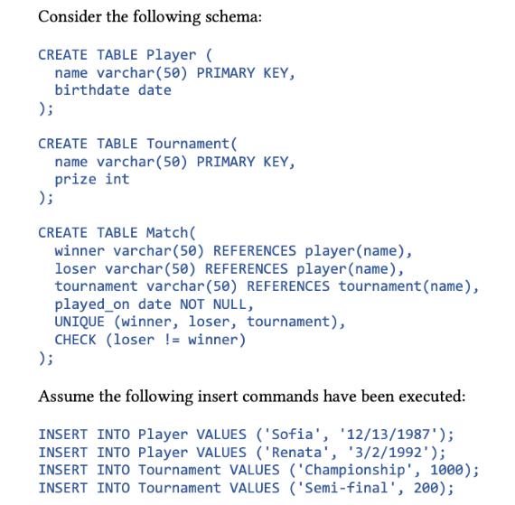 Consider the following schema: CREATE TABLE Player ( name varchar(50) PRIMARY KEY, birthdate date ); CREATE
