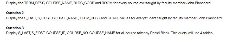 Display the TERM_DESC, COURSE_NAME, BLDG_CODE and ROOM for every course evertaught by faculty member John