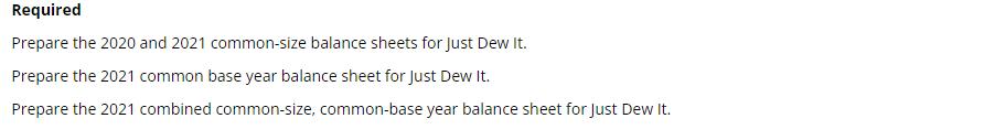 Required Prepare the 2020 and 2021 common-size balance sheets for Just Dew It. Prepare the 2021 common base