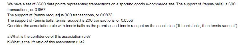 We have a set of 3600 data points representing transactions on a sporting goods e-commerce site. The support