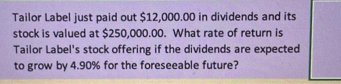 Tailor Label just paid out $12,000.00 in dividends and its stock is valued at $250,000.00. What rate of