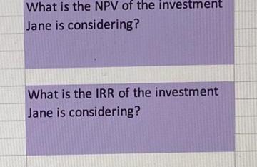 What is the NPV of the investment Jane is considering? What is the IRR of the investment Jane is considering?