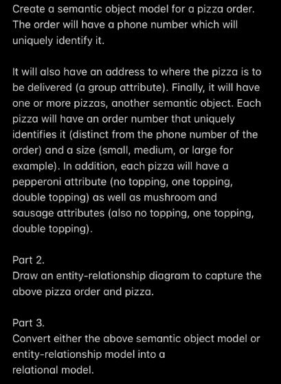 Create a semantic object model for a pizza order. The order will have a phone number which will uniquely