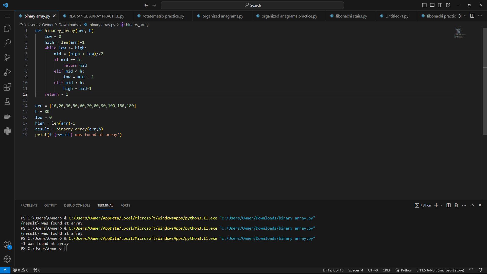 9 a 2 0 A S J binary array.py X  REARANGE ARRAY PRACTICE.py C: > Users > Owner > Downloads> binary array.py