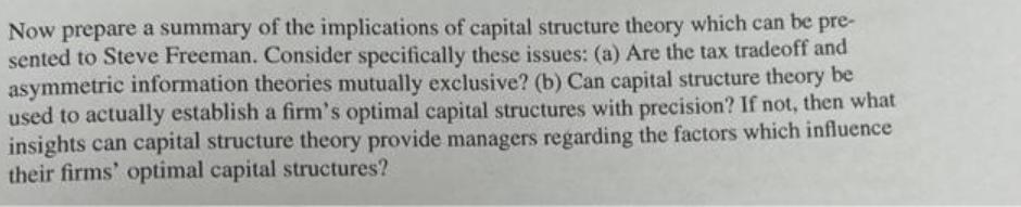 Now prepare a summary of the implications of capital structure theory which can be pre- sented to Steve
