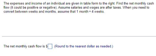 The expenses and income of an individual are given in table form to the right. Find the net monthly cash flow