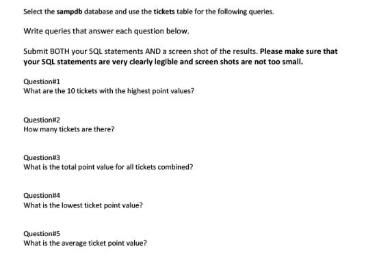 Select the sampdb database and use the tickets table for the following queries. Write queries that answer