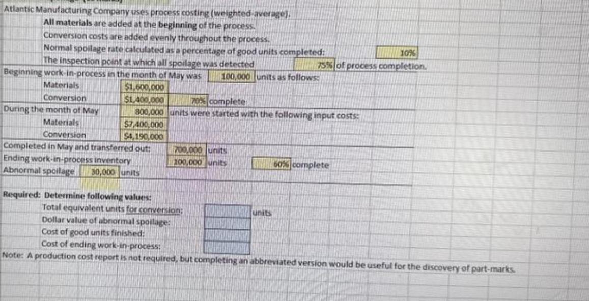 Atlantic Manufacturing Company uses process costing (weighted average). All materials are added at the