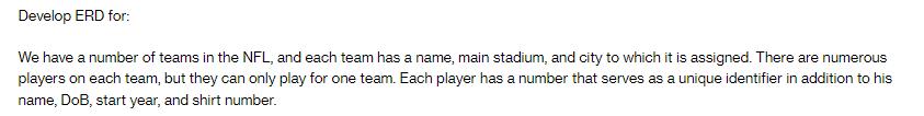 Develop ERD for: We have a number of teams in the NFL, and each team has a name, main stadium, and city to