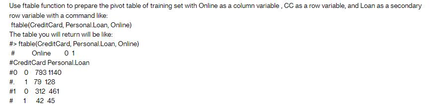 Use ftable function to prepare the pivot table of training set with Online as a column variable, CC as a row