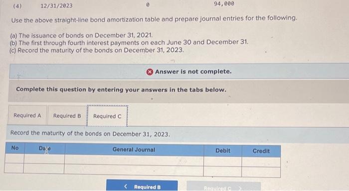 12/31/2023. (4) Use the above straight-line bond amortization table and prepare journal entries for the