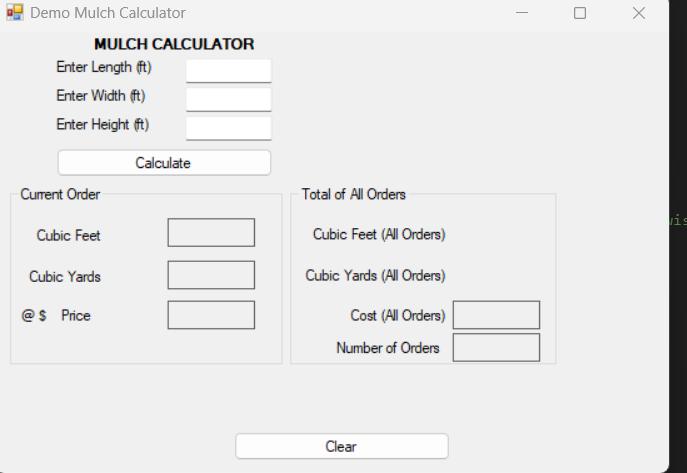 Demo Mulch Calculator MULCH CALCULATOR Enter Length (ft) Enter Width (ft) Enter Height (ft) Current Order