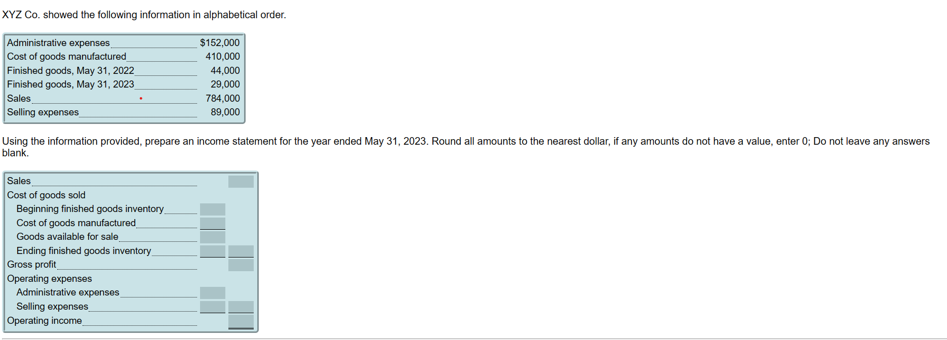 XYZ Co. showed the following information in alphabetical order. Administrative expenses Cost of goods