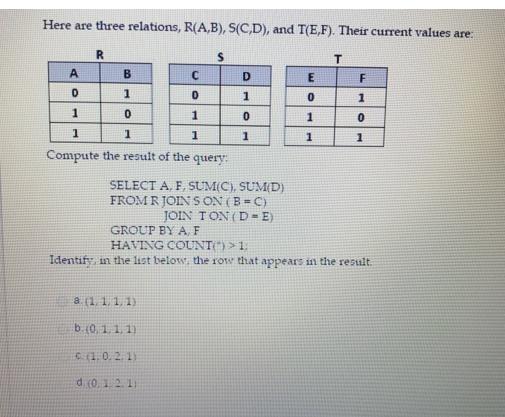 Here are three relations, R(A,B), S(C,D), and T(E,F). Their current values are: A 0 1 R B 1 0 1 1 Compute the