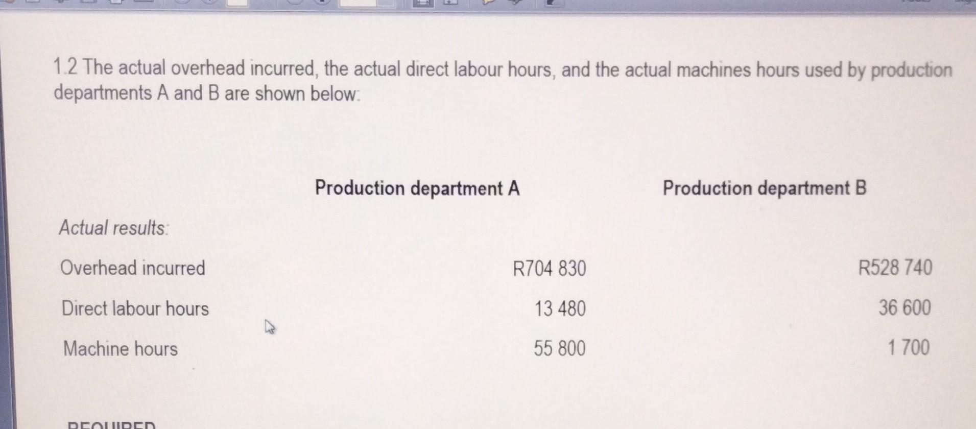 1.2 The actual overhead incurred, the actual direct labour hours, and the actual machines hours used by