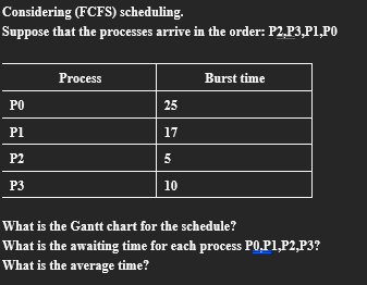 Considering (FCFS) scheduling. Suppose that the processes arrive in the order: P2,P3,P1,PO PO PI P2 P3