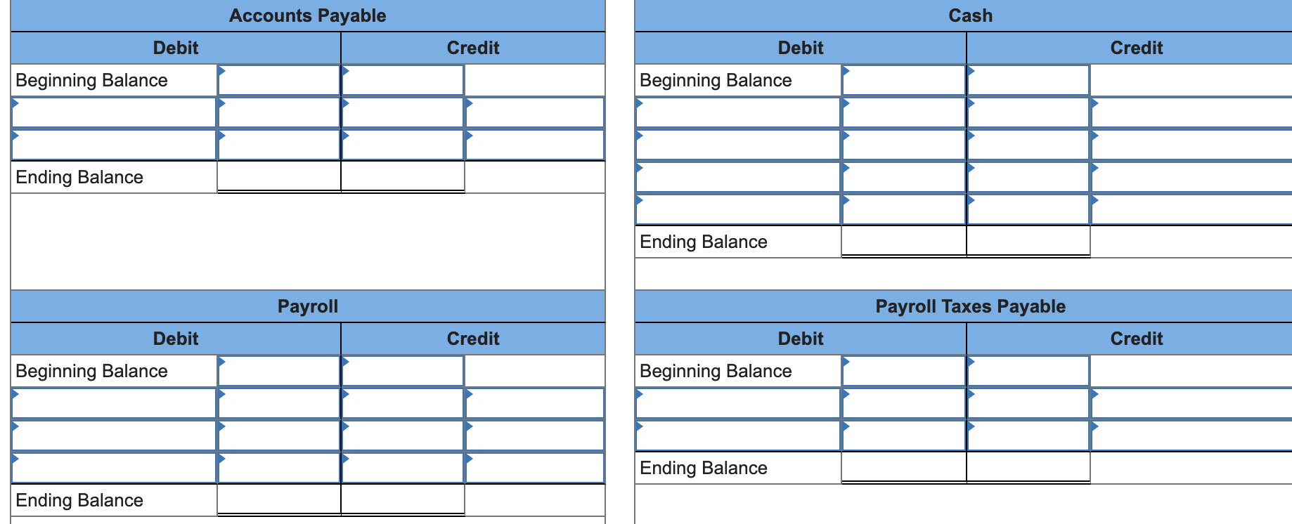Beginning Balance Ending Balance Debit Ending Balance Debit Beginning Balance Accounts Payable Payroll Credit
