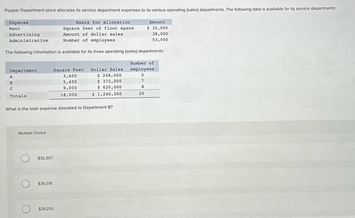Pepper Department store allocates its service department expenses to its various operating (sales)