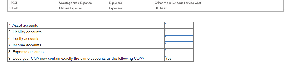 5055 5060 Uncategorized Expense Utilities Expense Expenses Expenses 4. Asset accounts 5. Liability accounts