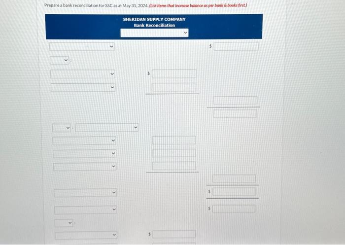 Prepare a bank reconciliation for SSC as at May 31, 2024. (List items that increase balonce os per bank &