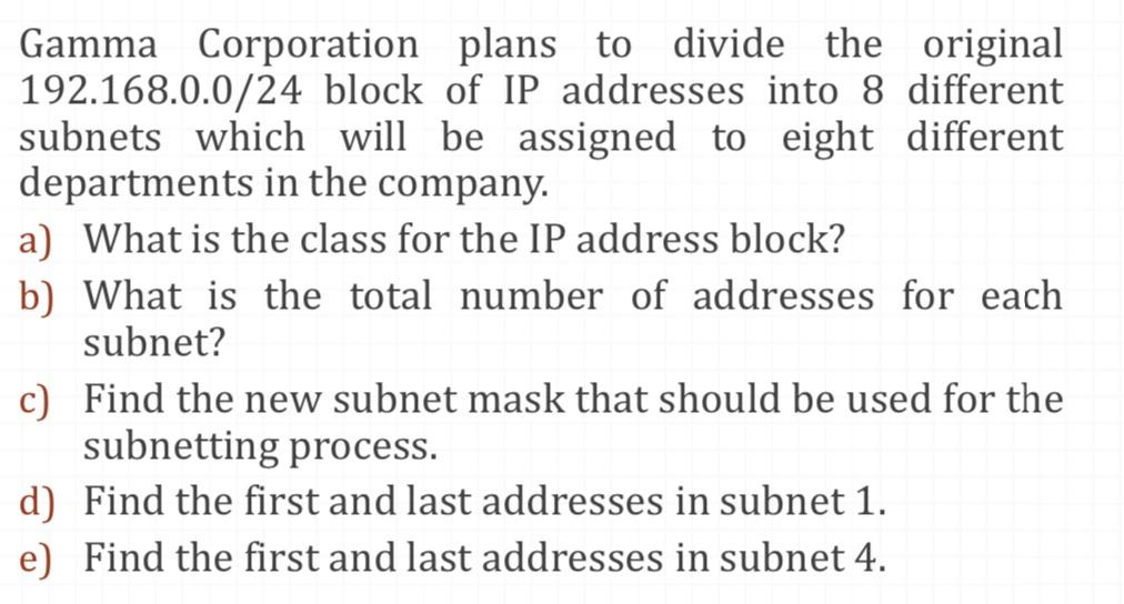 Gamma Corporation plans to divide the original 192.168.0.0/24 block of IP addresses into 8 different subnets