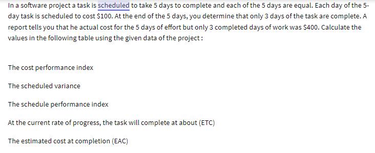 In a software project a task is scheduled to take 5 days to complete and each of the 5 days are equal. Each