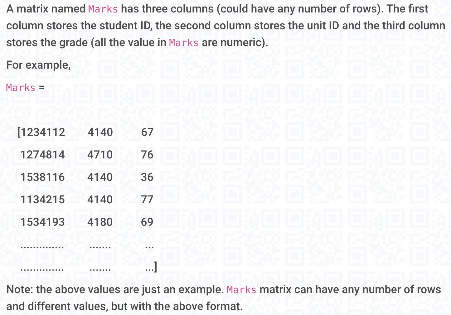 A matrix named Marks has three columns (could have any number of rows). The first column stores the student