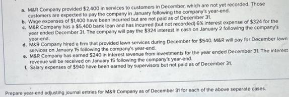 a. M&R Company provided $2,400 in services to customers in December, which are not yet recorded. Those