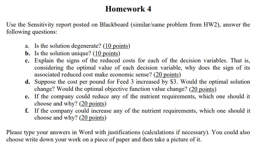 Homework 4 Use the Sensitivity report posted on Blackboard (similar/same problem from HW2), answer the