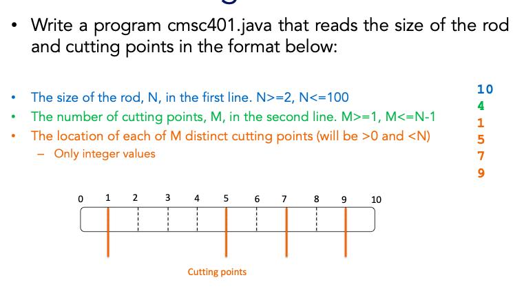 Write a program cmsc401.java that reads the size of the rod and cutting points in the format below: The size