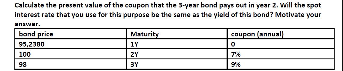 Calculate the present value of the coupon that the 3-year bond pays out in year 2. Will the spot interest