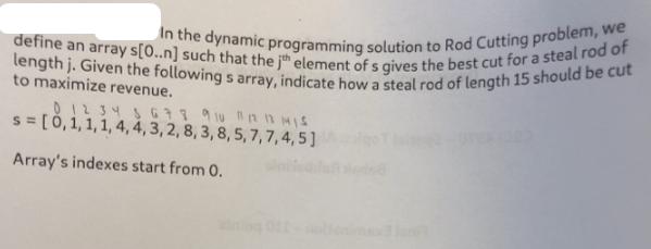 define an array s[0..n] such that the jh element of s gives the best cut for a steal rod of length j. Given