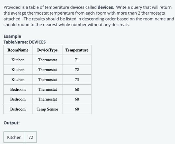 Provided is a table of temperature devices called devices. Write a query that will return the average