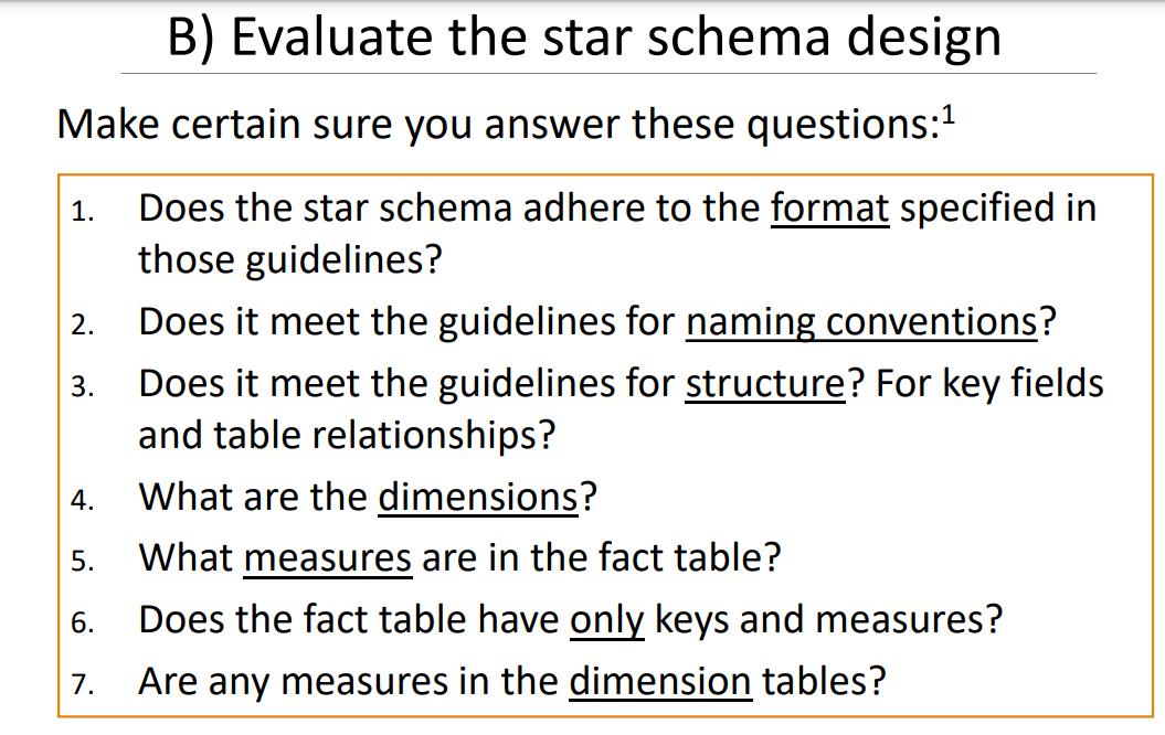 B) Evaluate the star schema design Make certain sure you answer these questions: Does the star schema adhere