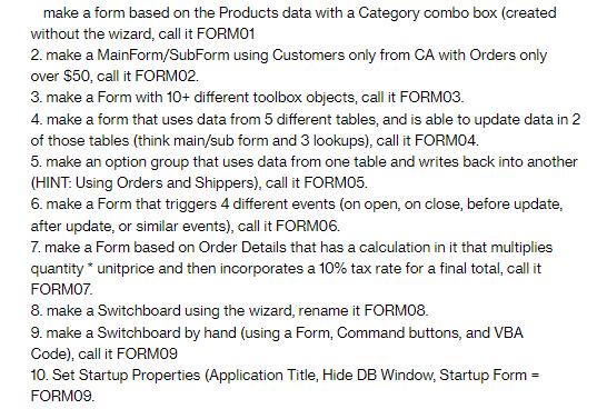 make a form based on the Products data with a Category combo box (created without the wizard, call it FORMO1