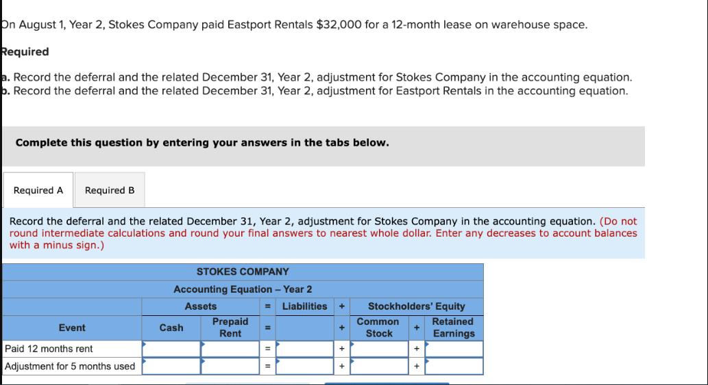 On August 1, Year 2, Stokes Company paid Eastport Rentals $32,000 for a 12-month lease on warehouse space.