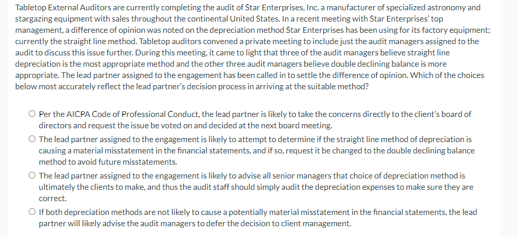 Tabletop External Auditors are currently completing the audit of Star Enterprises, Inc. a manufacturer of