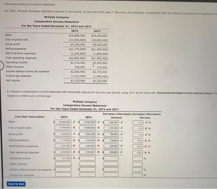 Horizontal analysis of income statement For 2012, McDade Company reported a decline in net income. At the end