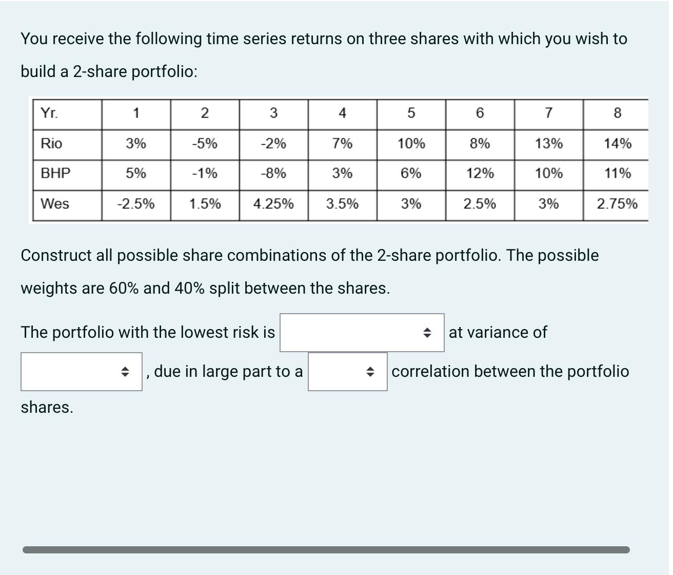 You receive the following time series returns on three shares with which you wish to build a 2-share