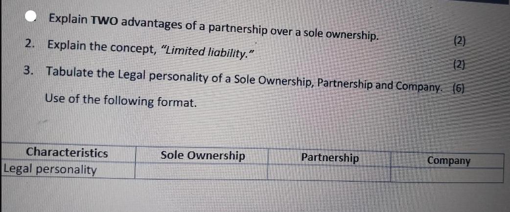 Explain TWO advantages of a partnership over a sole ownership. 2. Explain the concept, "Limited liability."
