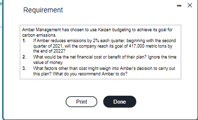 Requirement Amber Management has chosen to use Kaizen budgeting to achieve its goal for carbon emissions. 2.