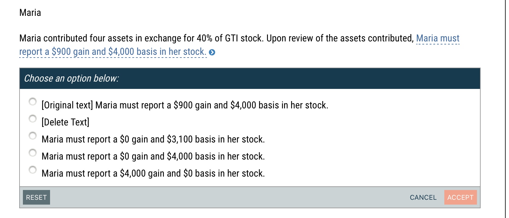 Maria Maria contributed four assets in exchange for 40% of GTI stock. Upon review of the assets contributed,